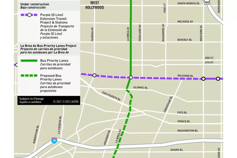 A map of the planned and proposed route of the La Brea Ave Bus Priority Lanes Project in Los Angeles, runn9ing from Sunset Boulevard to the north and the E Line to the south.
